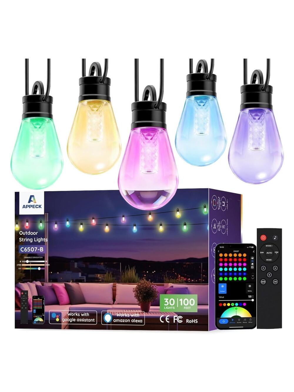 APPECK Smart RGBW Outdoor String Lights 100 ft 30 Bulbs Alexa Google IP65
